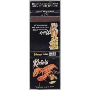 Vintage Matchbook Cover Klein's Restaurant and Sea Food House Pittsburgh PA